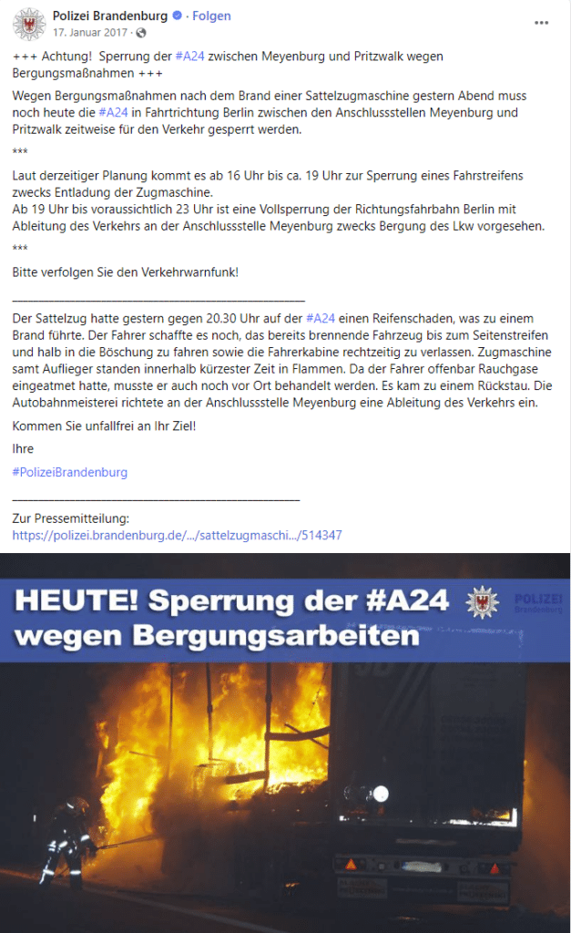 Faktencheck: Altes Foto eines brennenden LKW schürte Spannungen zwischen Polen und Ukraine -Screenshot Facebook / Polizei Brandenburg am 17. Januar 2017