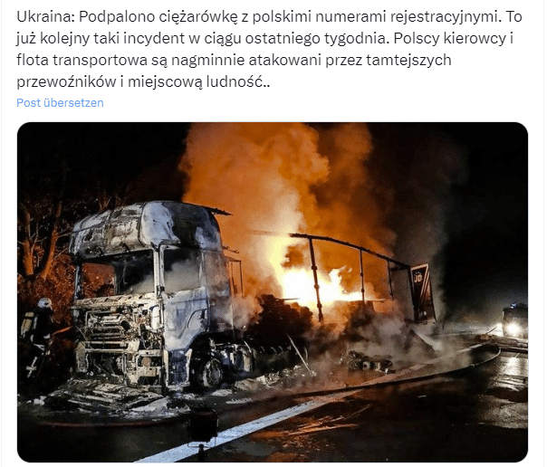 Fact check: Old photo of burning truck fueled tensions between Poland and Ukraine - Screenshot X/Twitter