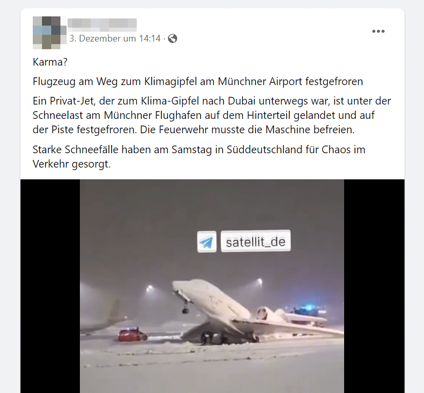 Faktencheck: Schneebedecktes Flugzeug in München, kein Bezug zur Weltklimakonferenz -Screenshot der Behauptung aus den sozialen Medien