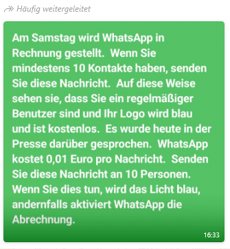 Fake: "Am Samstag wird WhatsApp in Rechnung gestellt" - Screenshot der Nachricht