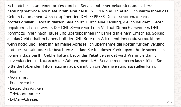 Beware of the trap: The DHL trick for classified ad fraud - Screenshot of the fraudulent message