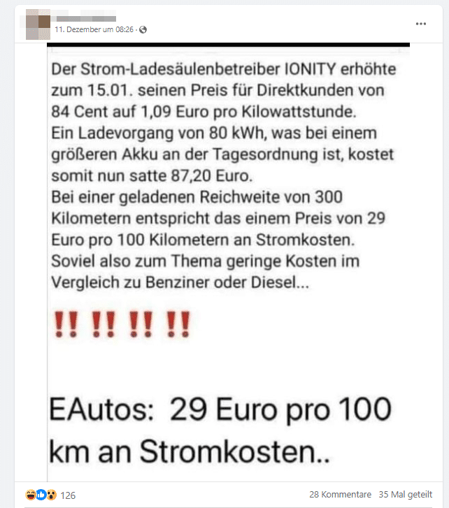 Faktencheck: E-Autos und die Behauptung von 29 Euro für 100 Kilometer Fahrt - Screenshot der Behauptung aus den sozialen Medien