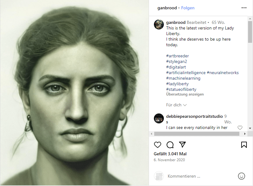 "This is the latest version of my Lady Liberty" - Screenshot Instagram, ganbrood - Bas Uterwijk
