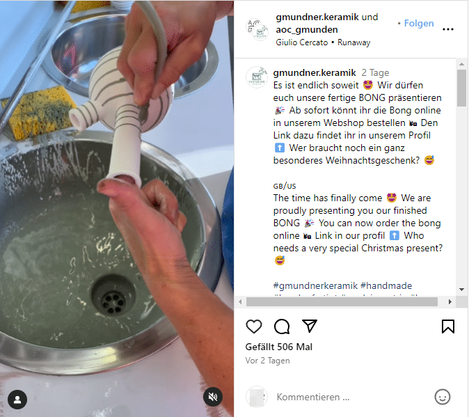 Kein Fake: Keramik-Kunst trifft Satire - Gmundner Bong-Revolution – mimikama.org Screenshot Instagram / Gmundner Keramik - BONG