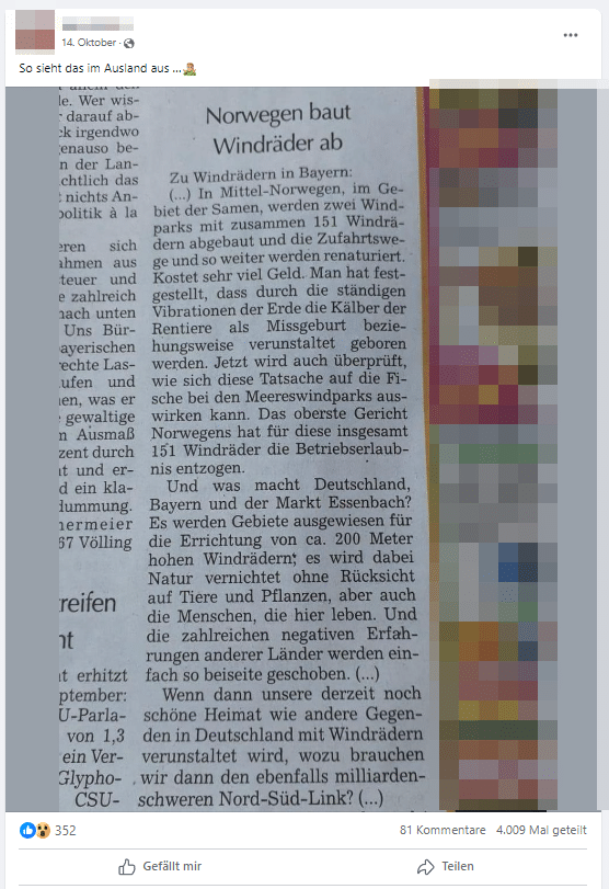Faktencheck: Keine Fehlbildungen bei Rentieren durch Windräder – mimikama.org Leserbrief zu Behauptung über Rentiere / Screenshot Facebook