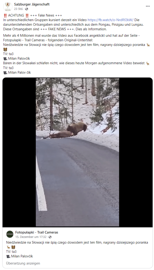 Richtigstellung zu Ortsangaben des Bären-Videos / Screenshot Facebook, Salzburger Jägerschaft