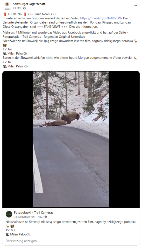 Bär reißt Hirsch: Aber nicht in Salzburg oder Kärnten! – mimikama.org Richtigstellung zu Ortsangaben des Bären-Videos / Screenshot Facebook, Salzburger Jägerschaft