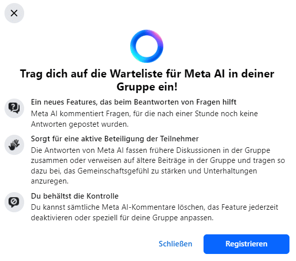 Facebook: "Trag dich auf die Warteliste für die Nutzung von Meta AI in deiner Gruppe ein!"