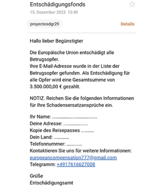 Fraudulent emails from the “Compensation Office” / Screenshot Watchlist Internet
