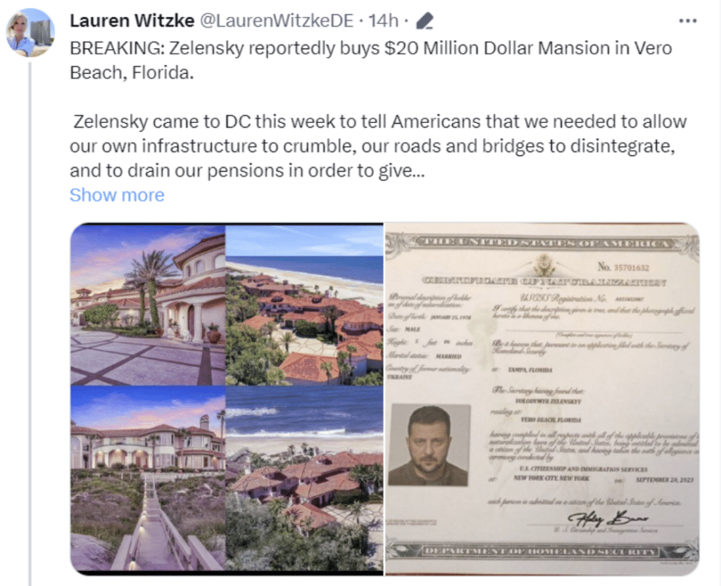 Screenshot X (Twitter): Selenskyj kauft Villa um 20 Millionen US-Dollar