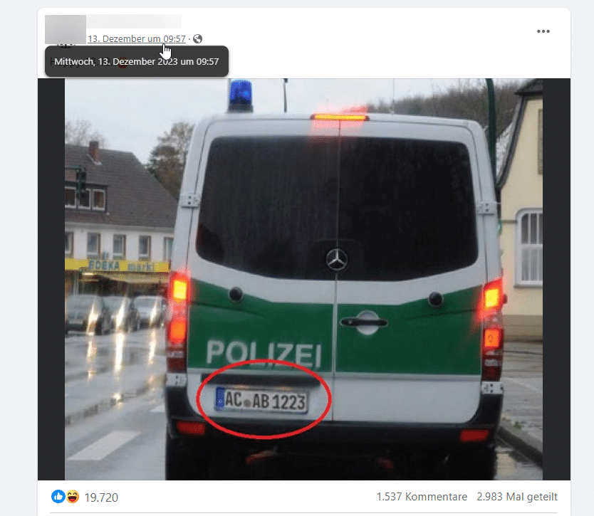 Faktencheck: Das ACAB-Kennzeichen bei Polizeifahrzeugen – mimikama.org Facebook Screenshot: Polizei mit gefälschten Kennzeichen