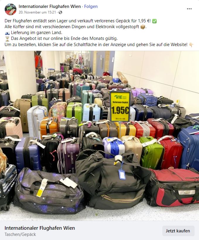 Screenshot Fake-Anzeige im Namen von "Internationaler Flughafen Wien"