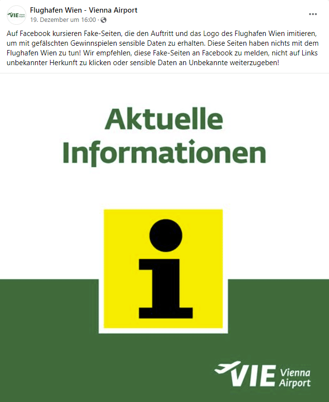 Flughafen Wien: Koffer-Angebote als Abofalle – mimikama.org Screenshot auf Facebook vom Flughafen Wien