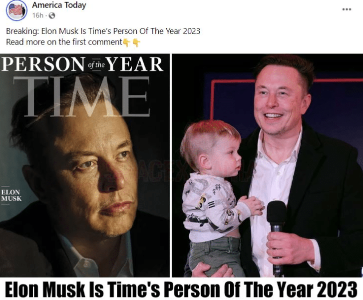 Faktencheck: Nein, Elon Musk wurde nicht als „Person des Jahres 2023“ ausgezeichnet / Screenshot "America Today"