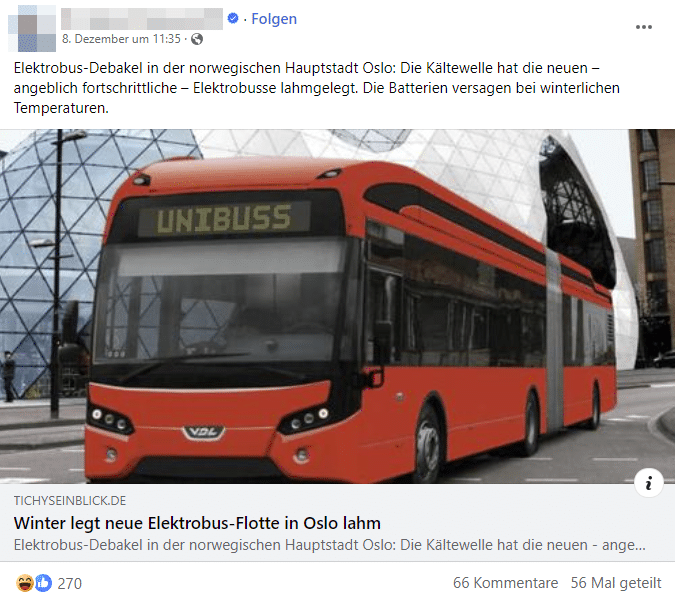 Faktencheck: Elektrobusse in Oslo trotzen dem Winter – mimikama.org Screenshot auf Facebook der strittigen Behauptung