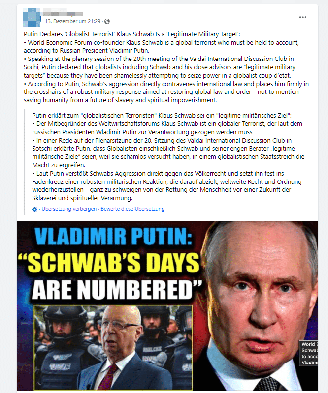 Faktencheck: Putin hat Klaus Schwab nicht als ‚legitimes militärisches Ziel‘ bezeichnet / Screenshot Facebook