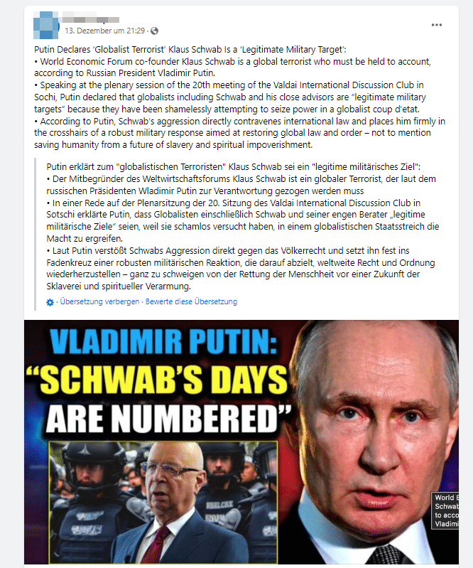 Faktencheck: Putin hat Klaus Schwab nicht als ‚legitimes militärisches Ziel‘ bezeichnet – mimikama.org Faktencheck: Putin hat Klaus Schwab nicht als ‚legitimes militärisches Ziel‘ bezeichnet / Screenshot Facebook