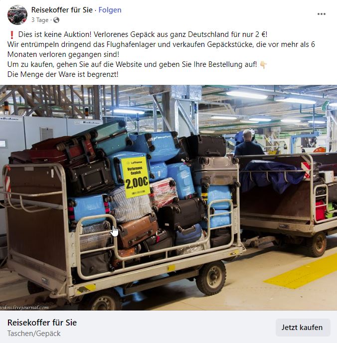 Screenshot Fake-Anzeige "Reisekoffer für Sie"