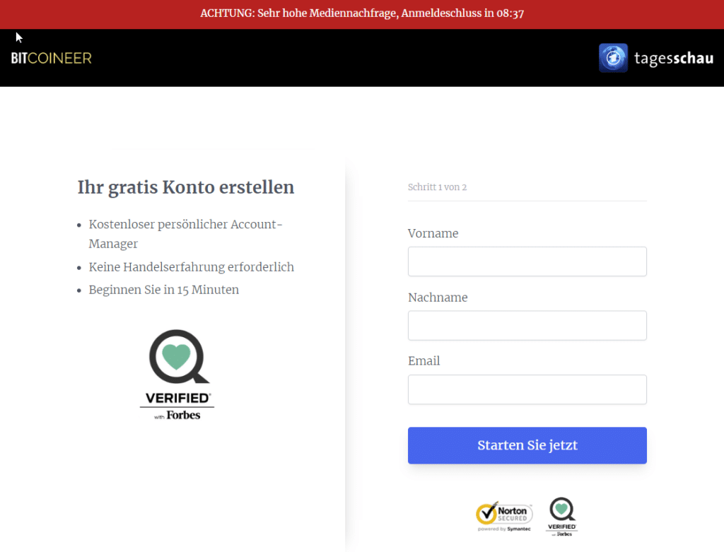 Til Schweiger: Falschmeldungen zu angeblichen Finanztipps – mimikama.org Screenshot der gefälschten Webseite für Dateneingabe