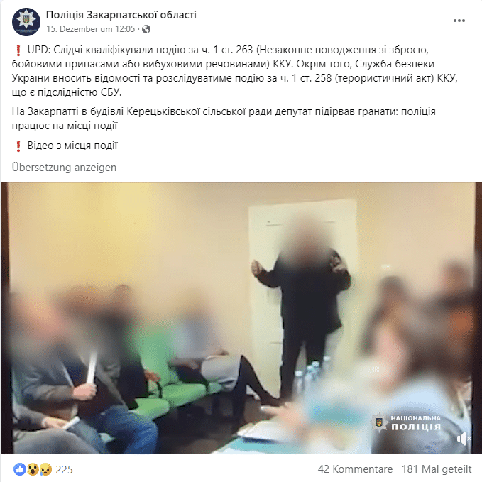 Kein Fake: 26 Verletzte nach Handgranaten-Angriff in ukrainischem Dorfrat – mimikama.org Screenshot Facebook / Transkarpatische Regionalpolizei