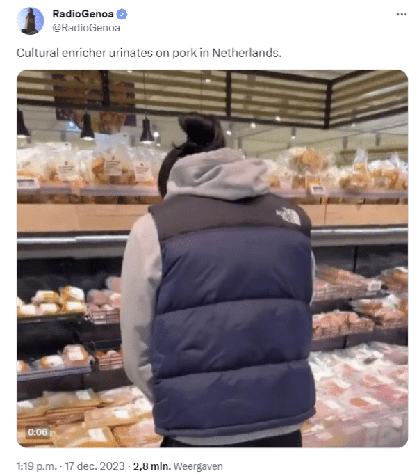 Faktencheck: Video eines Mannes, der in einem Supermarkt auf Schweinefleisch uriniert, ist inszeniert – mimikama.org Screenshot des Originalvideos auf X (Twitter)