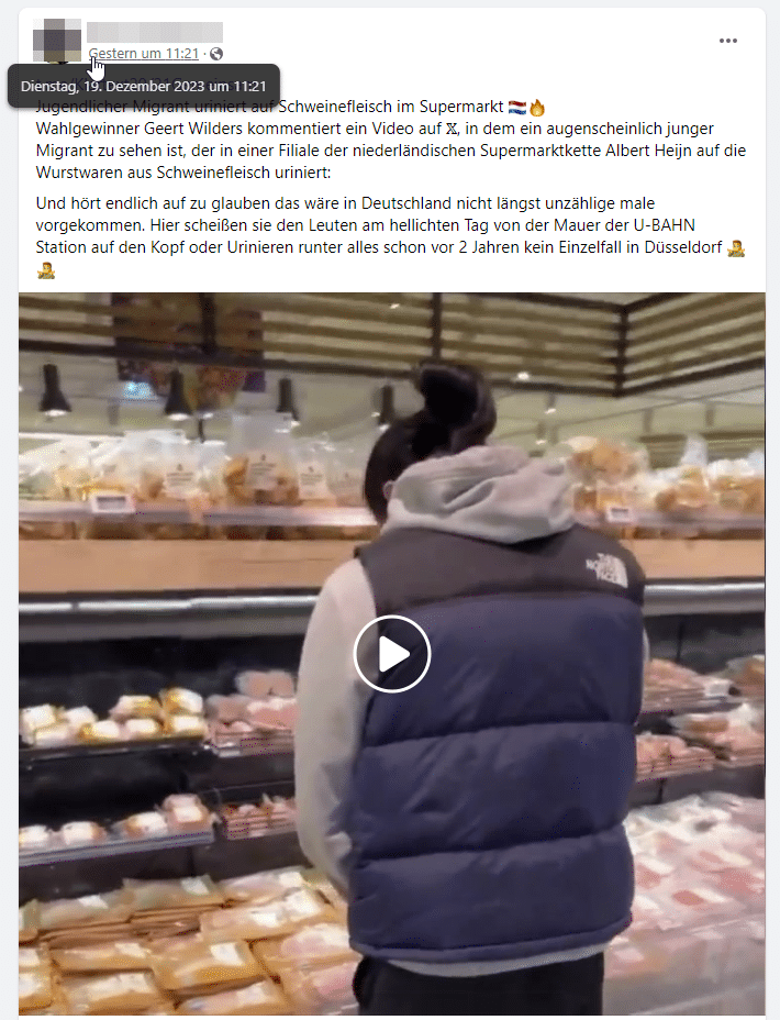 Faktencheck: Video eines Mannes, der in einem Supermarkt auf Schweinefleisch uriniert, ist inszeniert – mimikama.org Screenshot Facebook (hier archiviert)