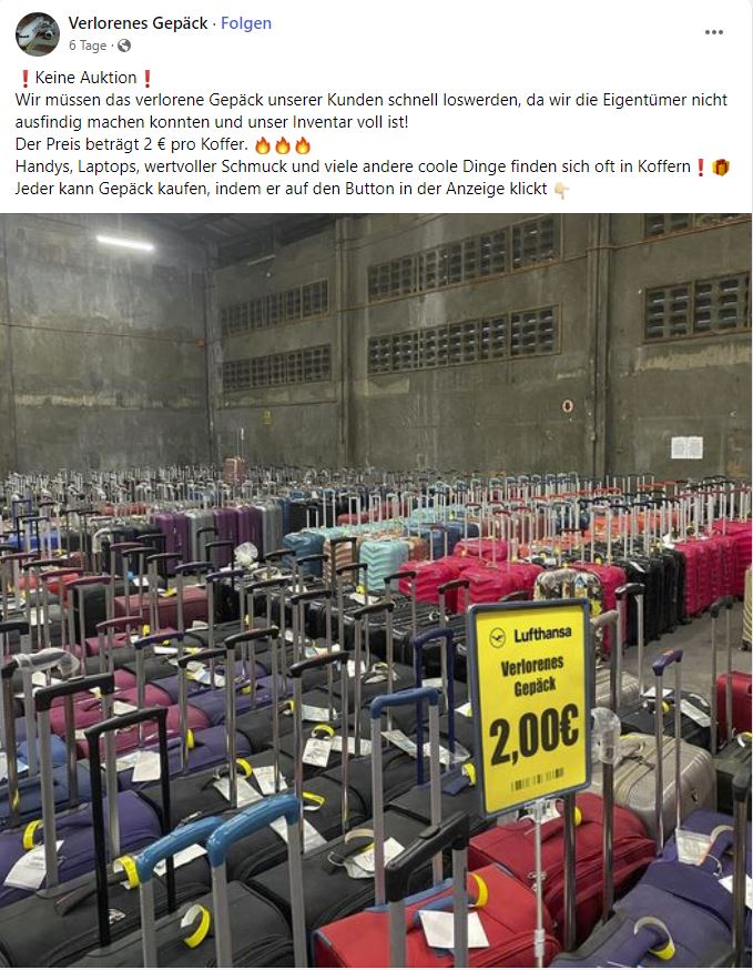 Screenshot Fake-Anzeige "Verlorenes Gepäck"