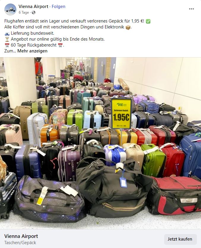 Screenshot Fake-Anzeige im Namen des Vienna Airport