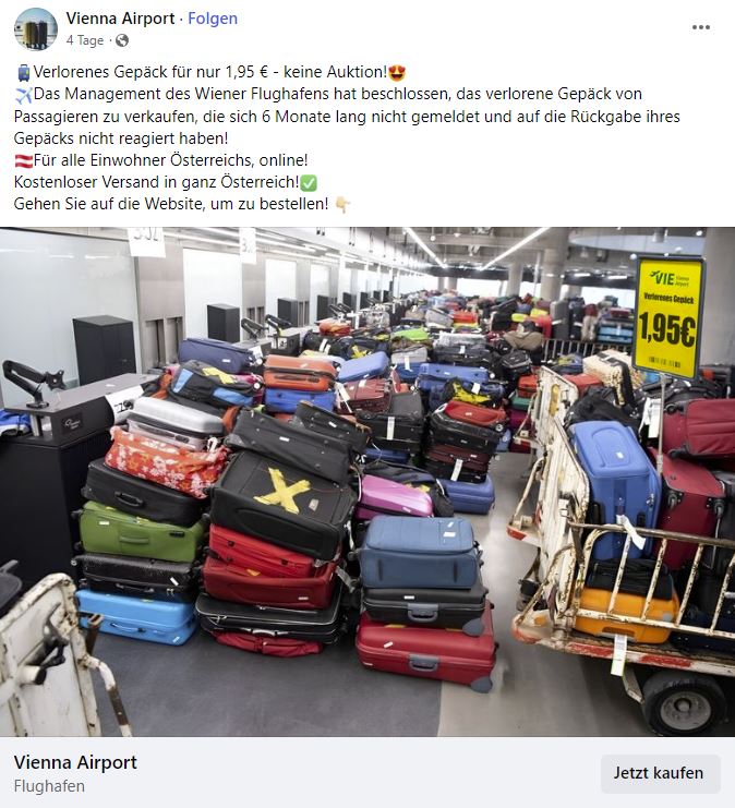 Screenshot Fake-Anzeige im Namen des Vienna Airport