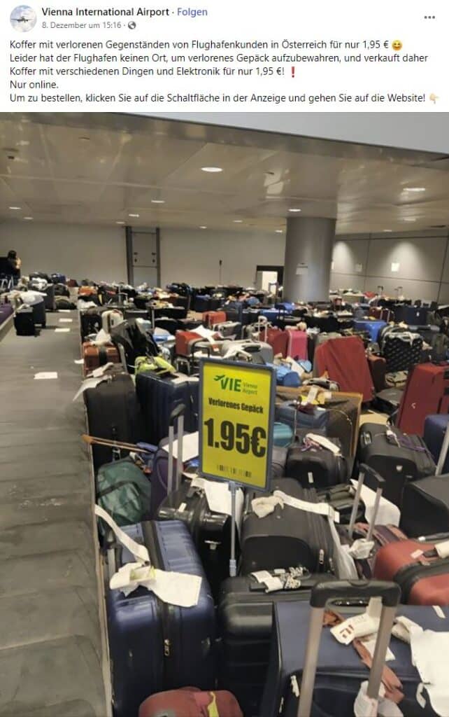 Screenshot Fake-Anzeige einer gefälschten "Vienna International Airport"-Seite auf Facebook, die verlorenes Gepäck um 1,95 Euro anbietet