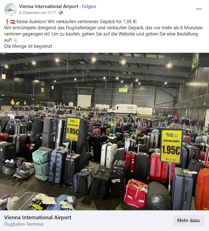 Screenshot Fake-Anzeige im Namen des Vienna International Airport