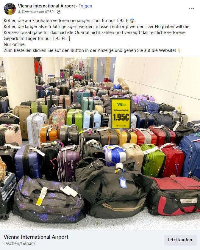 Screenshot Fake-Anzeige im Namen des Vienna International Airport