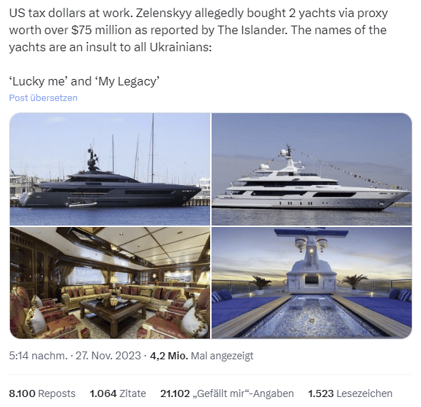 Faktencheck: Die Wahrheit über Selenskyjs angebliche Luxusyachten – mimikama.org Screenshot auf X (vormals Twitter)