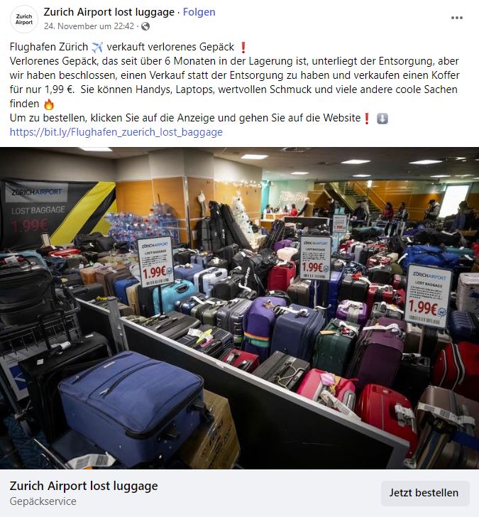 Screenshot Fake-Anzeige "Zurich Airport lost luggage"