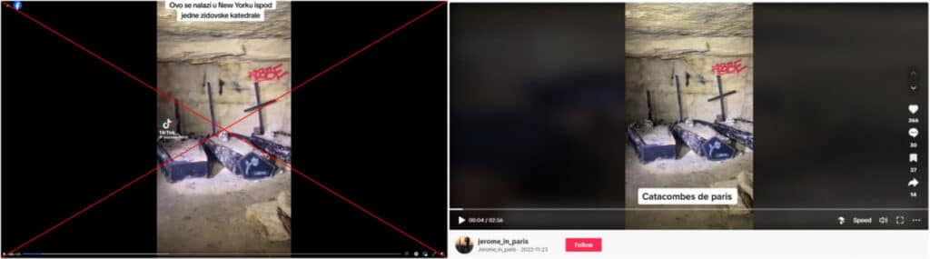 Video der Pariser Katakomben fälschlicherweise als New Yorker Tunnel dargestellt – mimikama.org Vergleich zwischen dem Video mit Falschinformation (links) und Originalaufnahmen von Tiktok (rechts): 18. Januar 2024