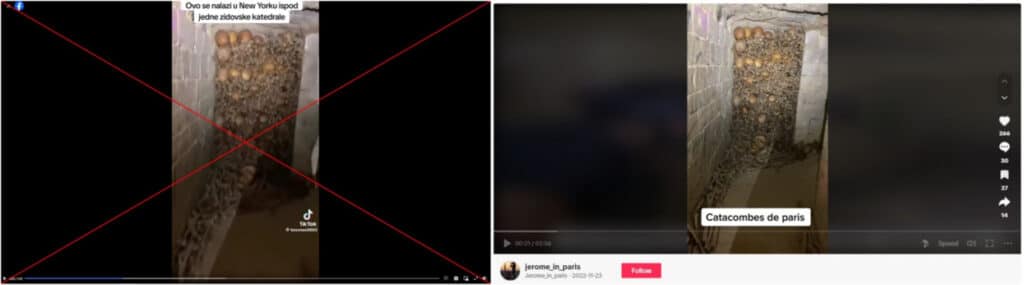 Video der Pariser Katakomben fälschlicherweise als New Yorker Tunnel dargestellt – mimikama.org
Vergleich zwischen dem Video mit Falschinformation (links) und Originalaufnahmen von Tiktok (rechts): 18. Januar 2024