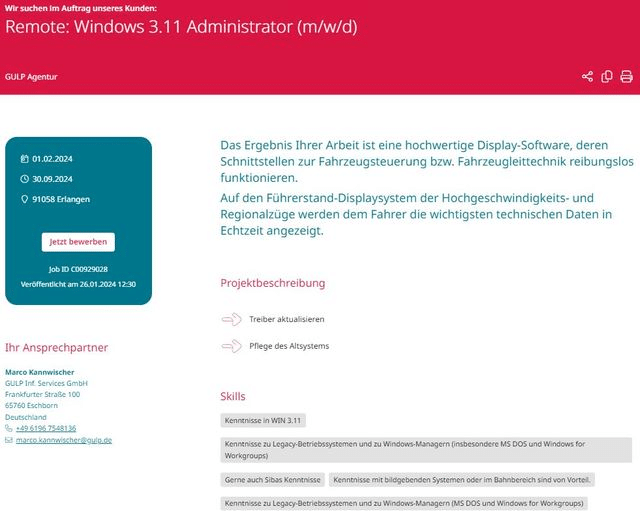 Windows 3.11 im Einsatz: Deutsche Bahn sucht Experten – mimikama.org Screenshot der Ausschreibung, der Link zur Ausschreibung: hier archiviert