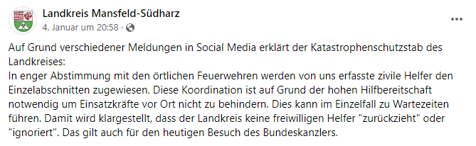 Hochwasserhilfe in Mansfeld-Südharz: Die Wahrheit über Asylbewerber-Einsatz – mimikama.org Screenshot Facebook (hier archiviert)