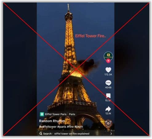 Eiffelturm in Flammen? Ein digitales Missverständnis – mimikama.org Screenshot des TikTok-Videos (hier archiviert)