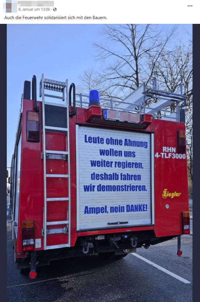 Keine Solidarisierung der Feuerwehr mit Bauernprotesten – mimikama.org Screenshot Facebook-Beitrag (hier archiviert)