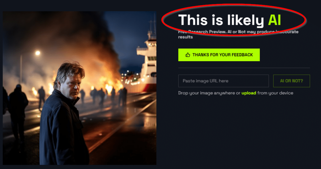 Fälschung eines KI-Bildes der Habeck-Blockade – mimikama.org Das fragliche Foto wurde als KI generriert klassifiziert / Screenshot der Bewertung