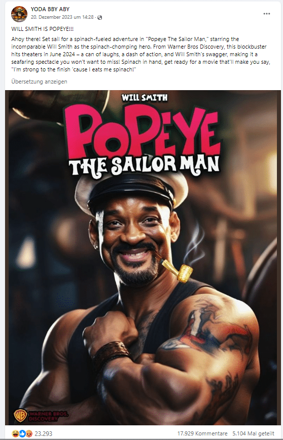 Faktencheck: Spielt Will Smith im Film "Popeye" mit, der 2024 erscheint? - Screenshot des Beitrages in den sozialen Medien