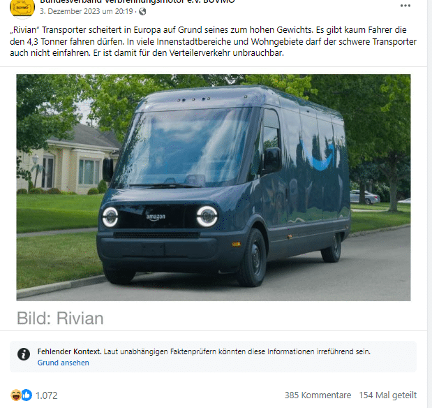 Fact check: Are Amazon&#39;s new e-vans too heavy for Europe? - Screenshot from social media 