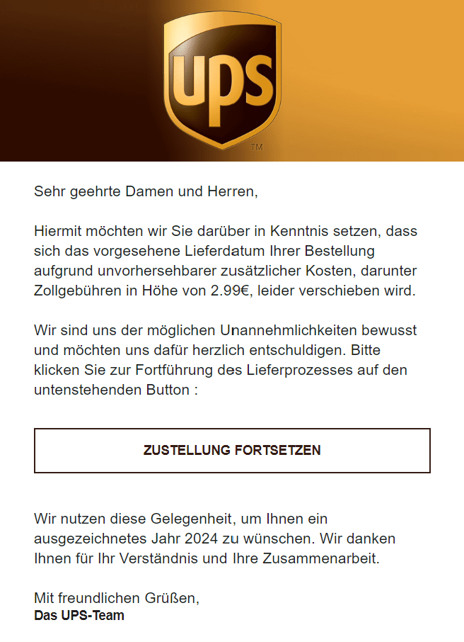 Screenshot of the fake UPS message