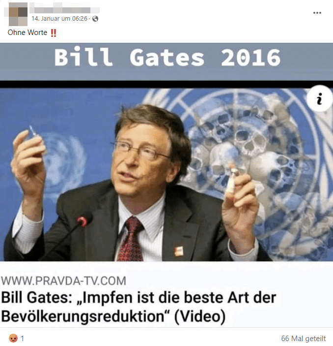 Bill Gates und das falsche Zitat über die Reduzierung der Bevölkerung – mimikama.org Screenshot Facebook