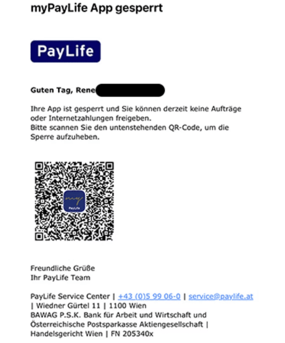 Gefälschtes PayLife-Mail / Screenshot Watchlist Internet