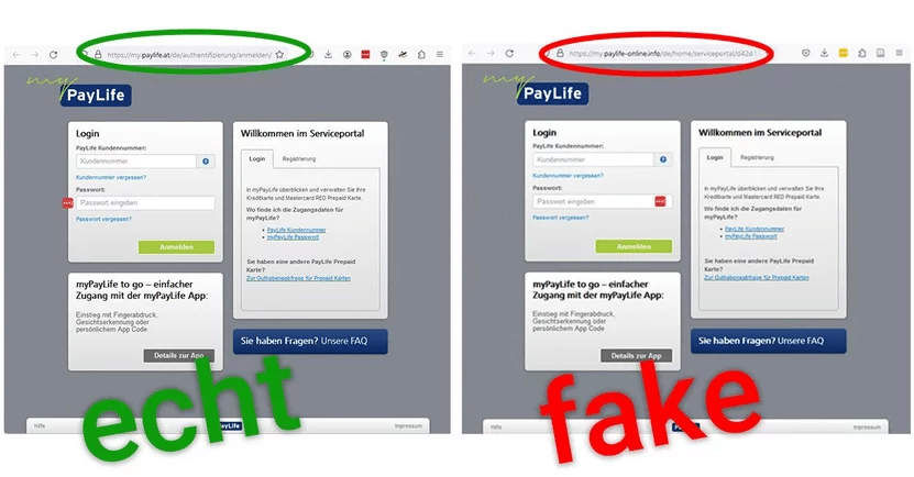 Die echte und die gefälschte myPayLife-Seite im Vergleich / Screenshots Watchlist Internet