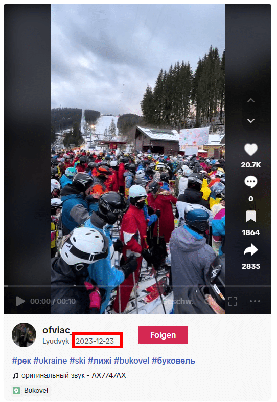 Skifahren in der Ukraine/Bukovel: Die Wahrheit hinter dem viralen Video – mimikama.org Screenshot TikTok-Video Bukovel vom 23.12.2023