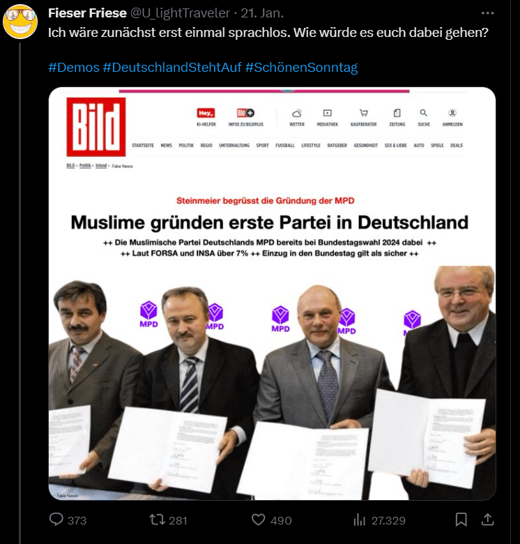 Ein scheinbarer Artikel der Bild-Zeitung, der auf "X" geteilt wurde, proklamierte die Gründung der "Muslimischen Partei Deutschland" (MPD), die angeblich bei der Bundestagswahl 2024 antreten wird.