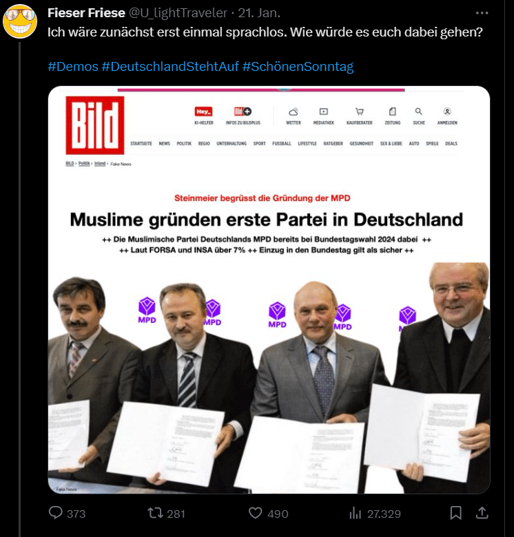 Muslimische Partei Deutschlands? Im Faktencheck – mimikama.org Ein scheinbarer Artikel der Bild-Zeitung, der auf "X" geteilt wurde, proklamierte die Gründung der "Muslimischen Partei Deutschland" (MPD), die angeblich bei der Bundestagswahl 2024 antreten wird.